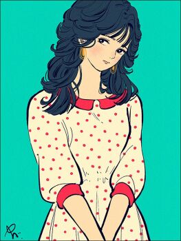 1girl aqua_background black_eyes black_hair blush closed_mouth cowboy_shot dress earrings jewelry long_hair noaki original polka_dot signature solo