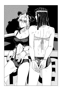 2girls arms_behind_back ass bikini braid breasts bun_with_braided_base car cleavage cuffs double_bun dreadlocks ermes_costello flat_ass greyscale hair_bun handcuffs highres jeonjin_(mynamebazin) jojo_no_kimyou_na_bouken kuujou_jolyne medium_breasts monochrome motor_vehicle multicolored_hair multiple_girls navel police_car stone_ocean swimsuit two-tone_hair