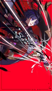 1boy absurdres armor black_bodysuit black_kimono black_shorts black_sleeves blood blood_on_face blunt_ends bodysuit border eyeliner eyeshadow furisode genshin_impact gnosis_(genshin_impact) gold hat hat_on_back highres japanese_armor japanese_clothes jewelry jingasa juban kimono kote kurokote layered_sleeves looking_down looking_to_the_side makeup male_focus mandarin_collar miaoyeza233 mitsudomoe_(shape) neck_ring o-ring open_hand open_mouth outstretched_arm parted_bangs purple_eyes purple_hair purple_rope purple_sash purple_sleeves red_background red_border red_eyeliner red_eyeshadow red_hat red_kimono red_sash rope sample_watermark sash scaramouche_(genshin_impact) shimenawa short_sleeves shorts solo teeth tomoe_(symbol) tsurime upper_teeth_only watermark white_kimono white_rope