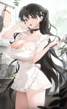 1girl :o absurdres apron baking black_choker black_hair breasts butterfly_hair_ornament choker dress drink_carton flower hair_flower hair_ornament highres holding holding_whisk indoors large_breasts leaf long_hair looking_at_viewer milk_carton mixing_bowl mole mole_on_breast original oven_mitts oyabuli red_eyes solo thighs whisk white_apron white_dress