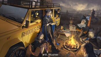 absurdres animal_ears arknights artist_name black_coat black_hair black_jacket black_pants blue_eyes book bottle cactus campfire camping camping_chair can chair character_doll character_request closed_eyes cloud coat commentary_request doctor_(arknights) doll drinking_straw english_text fire folding_chair food gas_station grey_hair hair_ornament hand_in_pocket highres holding holding_book holding_can jacket leaning_back long_hair lying marshmallow mask military_jeep motor_vehicle on_back open_book open_mouth outdoors outstretched_arms pants red_eyes roasted_marshmallow roasting rug salad sandwich short_hair sitting smile standing stuffed_animal stuffed_rabbit stuffed_toy suitcase table tail thermos white_hair wooden_table wushier yellow_jacket