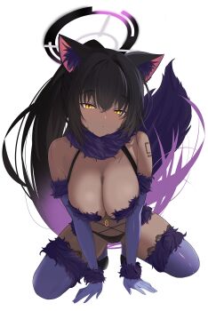 1girl absurdres animal_ears black_hair blue_archive breasts chanshiyu cosplay dark-skinned_female dark_skin elbow_gloves fate/grand_order fate_(series) fur-trimmed_gloves fur-trimmed_legwear fur-trimmed_thighhighs fur_bikini fur_collar fur_trim gloves halloween_costume halo highres karin_(blue_archive) large_breasts long_hair looking_at_viewer mash_kyrielight mash_kyrielight_(dangerous_beast) mash_kyrielight_(dangerous_beast)_(cosplay) number_tattoo o-ring o-ring_top purple_gloves purple_halo purple_tail purple_thighhighs revealing_clothes solo tail tattoo thighhighs very_long_hair wolf_ears wolf_tail yellow_eyes