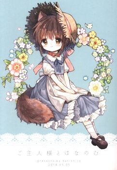 1girl 2018 animal_ears apron belt_collar blue_dress blue_flower blue_ribbon brown_eyes brown_hair brown_shoes child closed_mouth collar dress flower goshujin-sama_to_kemonomimi_no_shoujo_meru hair_ribbon hat highres invisible_chair itou_hachi legs_together looking_at_viewer mary_janes mel_(goshujin-sama_to_kemonomimi_no_shoujo_meru) neck_ribbon pink_flower pink_ribbon puffy_short_sleeves puffy_sleeves ribbon shoes short_hair short_sleeves simple_background sitting smile socks solo straw_hat tail waist_apron white_apron white_flower white_socks yellow_flower