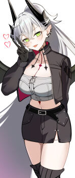 1girl absurdres black_boots black_skirt boots breasts chest_tattoo commentary_request cropped demon_horns green_eyes highres horns large_breasts lilith_(fate) lilith_(over_the_same_sky)_(fate) long_hair looking_at_viewer midriff neck_tattoo pencil_skirt ponytail skirt solo tattoo yuzu_sanma