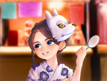 Rule 34 | 1girl, black hair, blue eyes, blurry, blurry background, commentary request, festival, floral print, floral print kimono, fox mask, hand up, highres, holding, japanese clothes, kimono, looking to the side, looking up, mask, mask on head, nose, okubatomaeba, original, parted bangs, poi (goldfish scoop), print kimono, short hair, smile, solo, upper body, white kimono