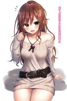 Rule 34 | 1girl, :d, arm support, bad id, bad pixiv id, bang dream!, bang dream! girls band party!, belt, belt buckle, black belt, blush, brown hair, brown sweater, buckle, collarbone, commentary request, dress, earrings, female focus, gluteal fold, grey eyes, hair between eyes, hand up, high ponytail, highres, imai lisa, jewelry, long hair, long sleeves, looking at viewer, off-shoulder sweater, off shoulder, open mouth, panties, pink panties, ponytail, ramchi, ribbed sweater, shadow, signature, sitting, sleeves past wrists, smile, solo, sweater, sweater dress, translated, underwear, v-shaped eyebrows, very long hair, white background
