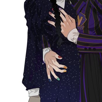 2girls black_dress black_hair black_jacket black_skirt braid dress enid_sinclair hashtag-only_commentary head_out_of_frame highres hug jacket long_hair multicolored_nails multiple_girls nail_polish nevermore_academy_school_uniform purple_jacket purple_skirt school_uniform simple_background skirt striped_clothes striped_jacket striped_skirt the_addams_family tuxiaoning_not wednesday_(netflix) wednesday_addams white_background yuri