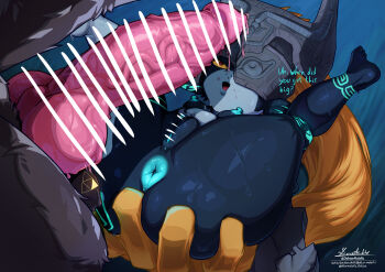 1boy 1girl :o ? anus arm_tattoo arms_behind_head ass ass_focus ass_press barefoot black_skin blue_skin breasts collarbone colored_sclera colored_skin covered_eyes doktor_malefic english_text erection female_focus female_pervert foreshortening grabbing_own_ass head_out_of_frame heavy_breathing helmet helmet_over_eyes highres huge_ass inminent_sex leg_tattoo legs_up link long_hair looking_at_another looking_at_penis lying midna multicolored_skin naughty_face navel nintendo nipples nude on_back orange_hair outdoors penis pervert ponytail presenting presenting_anus presenting_pussy pussy red_eyes sharp_teeth shiny_skin shortstack small_breasts solo_focus spread_legs steaming_body surprised tattoo teeth testicles the_legend_of_zelda the_legend_of_zelda:_twilight_princess thick_thighs thighs two-tone_skin veins veiny_penis wide_hips wolf wolf_link yellow_sclera