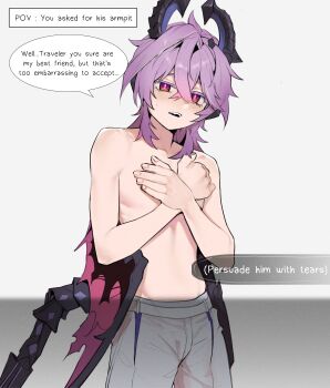 Rule 34 | 1boy, absurdres, bana gameg, blush, commentary, covering chest, covering privates, cowboy shot, crossed bangs, dragon boy, dragon horns, dragon tail, dragon wings, embarrassed, english text, genshin impact, grey background, grey pants, hair between eyes, highres, horns, looking at viewer, male focus, mini durin (genshin impact), mini durin (human) (genshin impact), out of frame, pants, purple hair, short hair, simple background, solo, speech bubble, symbol-only commentary, tail, teeth, topless male, wings