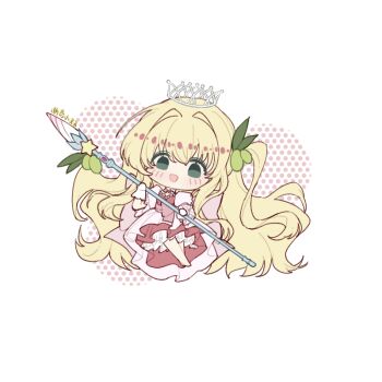 1girl absurdly_long_hair asymmetrical_dress bare_legs barefoot blonde_hair bow chibi chinese_commentary choker commentary_request crown detached_sleeves dress fishnet_sleeves fishnets flower flower_choker food-themed_hair_ornament frilled_gloves frills gloves grape_hair_ornament green_eyes hair_between_eyes hair_intakes hair_ornament halftone hanazono_karin happy holding holding_staff kamichama_karin leaf_hair_ornament light_blush long_dress long_hair looking_at_viewer magical_girl one_side_up open_mouth petticoat pink_bow pink_sleeves puffy_short_sleeves puffy_sleeves quqi_xiao_shuang short_sleeves single_detached_sleeve smile solo staff standing star_(symbol) tareme very_long_hair waist_bow wavy_hair white_background white_crown white_dress white_flower white_gloves