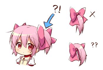 Rule 34 | !?, 1girl, ?, ??, arrow (symbol), bow, choker, closed mouth, commentary request, expressionless, hair bow, highres, kaname madoka, kaname madoka (magical girl), magical girl, mahou shoujo madoka magica, oumi neneha, pink bow, pink hair, pink shirt, puffy short sleeves, puffy sleeves, red choker, red eyes, shirt, short hair, short sleeves, simple background, soul gem, tareme, twintails, white background, x (symbol)