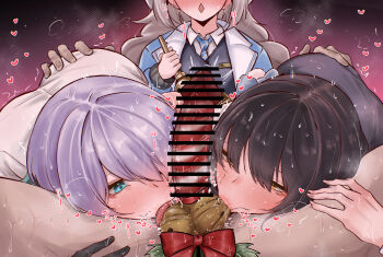1boy 3girls black_hair blue_eyes blue_jacket blush brid_(nikke) brid_(silent_track)_(nikke) censored cooperative_fellatio diesel_(nikke) diesel_(winter_sweets)_(nikke) eggy_(58626635) embarrassed eyes_out_of_frame fellatio ffm_threesome goddess_of_victory:_nikke grabbing_another's_ass gradient_background grey_hair groping group_sex head_out_of_frame heart jacket licking licking_testicle long_hair mistletoe multiple_girls oral penis purple_background purple_hair soline_(nikke) spread_legs sweat teamwork_(sexual) testicle_sucking testicles threesome tongue tongue_out yellow_eyes
