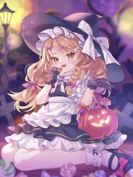 1girl :d apron black_dress black_hat black_shoes blonde_hair bobby_socks bow braid candy candy_hair_ornament checkerboard_cookie commentary cookie dress english_commentary food food-themed_hair_ornament ghost_hair_ornament grey_background hair_bow hair_ornament halloween halloween_bucket hat hat_bow holding holding_candy holding_food kirisame_marisa lamppost lollipop mary_janes mimi_(mimi_puru) open_mouth purple_bow shoes side_braid single_braid sitting smile socks solo star_(symbol) star_hair_ornament teeth touhou upper_teeth_only waist_apron wariza white_apron white_bow white_socks witch x_hair_ornament yellow_eyes