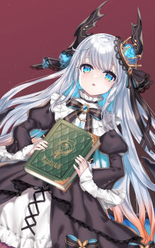 1girl absurdres black_bow blue_eyes blue_flower blue_hair blue_rose blue_wings book bow brown_background brown_dress commentary_request dragon_girl dragon_horns dragon_wings dress flower grey_hair highres holding holding_book horns juliet_sleeves ktsecond liber_(twinkle_star_knights) long_hair long_sleeves lying multicolored_hair on_back parted_lips puffy_sleeves rose simple_background sleeves_past_wrists solo striped_bow twinkle_star_knights two-tone_hair very_long_hair wide_sleeves wings