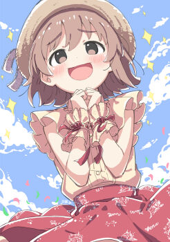 Rule 34 | 1girl, :d, blue sky, blush, brown eyes, brown hair, brown hat, cloud, commentary request, cowboy shot, day, dot nose, hands up, hat, idolmaster, idolmaster cinderella girls, kita hinako, kuresuku (lessons), open mouth, outdoors, red skirt, shirt, short hair, skirt, sky, sleeveless, sleeveless shirt, smile, solo, sparkle, yellow shirt