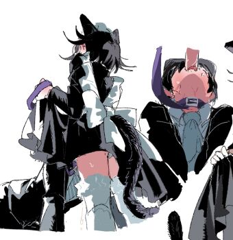 Rule 34 | 2boys, all fours, alternate costume, animal ears, apron, back bow, beluckylucky, black dress, black hair, black jacket, blue necktie, blush, bow, cat boy, cat ears, cat tail, clothes lift, collar, collared shirt, commentary request, crossdressing, crossdressing (mtf), danganronpa (series), danganronpa v3: killing harmony, dress, dress lift, ear blush, enmaided, fellatio, flipped hair, frilled apron, frills, from below, highres, holding, holding leash, jacket, leash, maid, maid headdress, male focus, male maid, medium hair, multiple boys, multiple views, necktie, oma kokichi, oral, out of frame, penis, pet play, shirt, short hair, simple background, sweat, tail, thighhighs, tongue, tongue out, trap, white background, white thighhighs, yaoi
