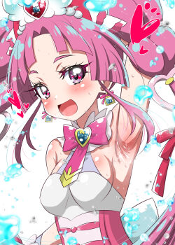 Rule 34 | 1girl, :d, ai wa muteki, arm behind head, arm up, armpit focus, armpits, back bow, bow, bowtie, braid, breasts, brooch, commentary request, cure mystique, dress, earrings, hair bow, hair ornament, hair ribbon, heart, heart brooch, heart hair ornament, highres, jewelry, kobayashi mikuru, large bow, long hair, looking at viewer, magical girl, meitantei precure!, open mouth, parted bangs, partial commentary, precure, purple bow, purple bowtie, purple eyes, purple hair, red bow, red ribbon, ribbon, sleeveless, sleeveless dress, small breasts, smile, solo, twin braids, very long hair, water drop, white bow