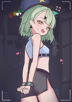Rule 34 | 1girl, absurdres, alternate costume, arms behind back, black skirt, blue shirt, blush, breasts, cuffs, earrings, from side, green eyes, green hair, hair ornament, handcuffs, hat, heart, high (hgih), highres, jewelry, looking at viewer, looking to the side, night, open mouth, outdoors, police, police hat, police uniform, policewoman, shirt, short hair, skirt, sleeveless, sleeveless shirt, small breasts, sunna (zenless zone zero), sweatdrop, viewfinder, zenless zone zero