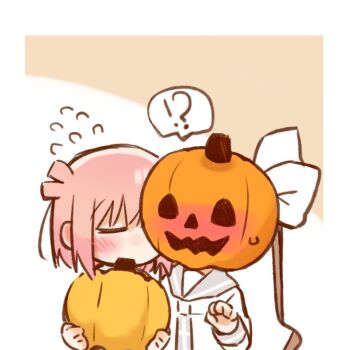 !? 2girls blush border chibi chibi_only closed_eyes commentary_request hateyo holding holding_pumpkin ichinose_hana jack-o&#039;-lantern kiss kissing_cheek long_sleeves momochi_tamate multiple_girls pink_hair pumpkin pumpkin_head shirt short_hair slow_start spoken_interrobang surprise_kiss surprised sweat two-tone_background white_border white_shirt yuri
