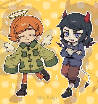 :3 abaddon_(haunted_hotel) absurdres angel angel_wings black_hair blue_coat blue_eyes boots chinese_commentary coat commentary_request crossed_arms demon_boy demon_horns demon_tail demon_wings detached_wings esther_freeling fang green_coat halo haunted_hotel highres horns mini_wings noecho orange_hair polka_dot polka_dot_background short_hair tail wings yellow_background zoom_layer