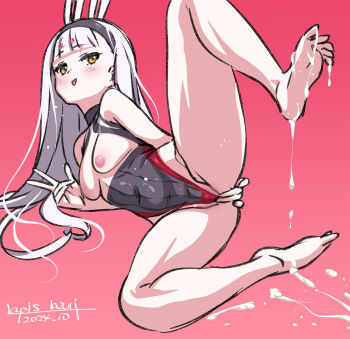 Rule 34 | 1girl, :p, arm behind back, azur lane, barefoot, black leotard, blush, breast cutout, breasts, breasts out, brown eyes, covered navel, covering anus, cum, cum on body, cum on feet, cumdrip, feet, groin, hairband, hand on own ass, highleg, highleg leotard, highres, leg up, legs, leotard, long hair, lying, nipples, on side, pink background, shimakaze (azur lane), simple background, smile, soles, solo, spread legs, thighs, toes, tongue, tongue out, umyonge (lkakeu), v, white hair