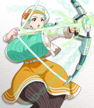1girl absurdres bow_(weapon) breasts character_request copyright_request cosplay energy energy_arrow female_focus green_hair hat highres hitokiwa_kenchin holding holding_bow_(weapon) holding_weapon huge_breasts katy_(pokemon) mature_female nintendo open_mouth orange_skirt pokemon pokemon_masters_ex pokemon_scarlet_and_violet skirt solo standing thick_thighs thighs voice_actor_connection weapon white_background white_hat wide-eyed