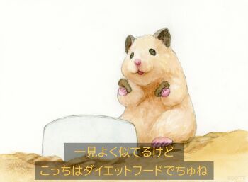 animal animal_focus artist_name bowl commentary_request food gotte hamster highres holding holding_food no_humans original painting_(medium) pet_food sitting subtitled traditional_media translation_request watercolor_(medium) white_background