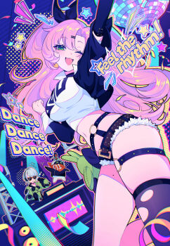 2girls absurdres anby_demara arm_up bangboo_(zenless_zone_zero) belt black_thighhighs cropped_jacket detached_sleeves english_text eous_(zenless_zone_zero) green_eyes hand_up highres jacket long_sleeves looking_at_viewer maegjuw mole mole_on_thigh multiple_girls navel nicole_demara o-ring o-ring_thigh_strap one_eye_closed open_clothes open_jacket open_mouth pink_hair shirt short_shorts shorts single_thighhigh smile thigh_strap thighhighs torn_clothes torn_thighhighs white_shirt zenless_zone_zero