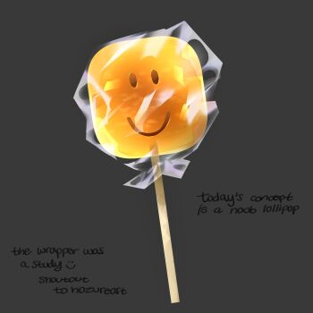 absurdres candy candy_wrapper character-themed_food english_text food food_focus grey_background highres himochuu lollipop no_humans noob_(roblox) roblox simple_background