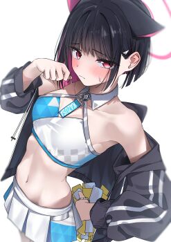 1girl absurdres alternate_costume animal_ears bare_shoulders black_hair black_jacket blue_archive blue_skirt blue_sports_bra blush breasts cat_ears cat_girl character_name cheerleader closed_mouth collarbone colored_inner_animal_ears colored_inner_hair cowboy_shot crop_top embarrassed extra_ears frown groin hair_ornament hairpin halo hand_up highres holding holding_pom_poms jacket kazu_(kauk3753) kazusa_(blue_archive) looking_at_viewer medium_breasts midriff millennium_cheerleader_outfit_(blue_archive) multicolored_hair multicolored_skirt multicolored_sports_bra name_tag navel official_alternate_costume pink_hair pink_halo pleated_skirt pom_pom_(cheerleading) pom_poms red_eyes short_hair simple_background skirt solo sports_bra standing stomach sweatdrop two-tone_hair white_background white_skirt white_sports_bra