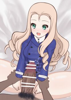 1boy 1girl absurdres arararajru36 bc_freedom_military_uniform blonde_hair blush bottomless censored clothed_female_nude_male dark-skinned_male dark_skin erection girls_und_panzer green_eyes hetero highres holding_hands imminent_penetration marie_(girls_und_panzer) nude open_mouth penis pov pubic_hair