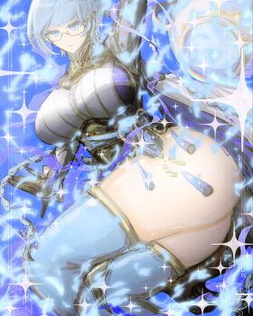 annie_(annhoyyy) blue_eyes blue_hair breasts dracotail_faimena duel_monster highres jewelry large_breasts semi-rimless_eyewear star_(symbol) thighhighs wide_hips yu-gi-oh!