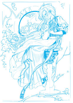 1girl blue_theme commentary_request expressionless floating_hair flower full_body instrument long_hair long_skirt looking_down monochrome music okuribi original playing_instrument sitting sketch skirt very_long_hair