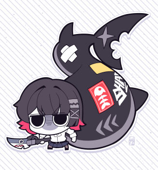 1girl ? arang_(arang0220) black_hair black_skirt chibi colored_inner_hair commentary_request ellen_joe ellen_joe_(on_campus) fins fish_tail highres holding holding_weapon korean_commentary mole mole_under_eye multicolored_hair official_alternate_costume razor_blade_hair_ornament scar scar_on_tail school_uniform shark_girl shark_tail shirt short_hair skirt tail weapon white_shirt zenless_zone_zero