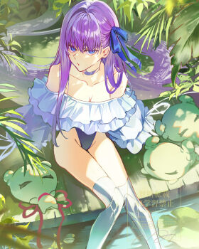 1girl bare_legs bare_shoulders blue_choker blue_eyes blue_one-piece_swimsuit blue_ribbon blush breasts choker closed_eyes commentary_request con_(fate) dappled_sunlight fate/grand_order fate_(series) frilled_one-piece_swimsuit frills hair_ribbon highleg highleg_one-piece_swimsuit highres in_tree leaf long_hair long_sleeves looking_at_viewer lotus_leaf meltryllis meltryllis_(fate) meltryllis_(swimsuit_lancer)_(fate) meltryllis_(swimsuit_lancer)_(second_ascension)_(fate) off-shoulder_one-piece_swimsuit off_shoulder one-piece_swimsuit open_mouth outdoors poppoman puffy_sleeves purple_hair ribbon sitting sleeves_past_fingers sleeves_past_wrists small_breasts smile solo strapless strapless_one-piece_swimsuit sunlight swimsuit thighs tree very_long_hair water