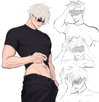 1boy 9enesiass alternate_hairstyle black_pants blindfold blush closed_mouth clothes_lift commentary covered_pectorals cowboy_shot english_commentary gojou_satoru hair_down highres hip_bones jujutsu_kaisen lifting_own_clothes male_focus multiple_views navel navel_hair pants pectorals shirt_lift simple_background toned toned_male twitter_username white_background