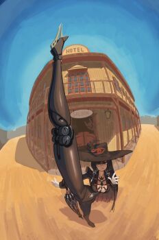 1girl 2025 bbbrush belt_pouch black_bodysuit black_hair black_hat bodysuit breasts building card cleavage_cutout clothing_cutout cowboy_shot curtained_hair desert female_focus fisheye flexible foreshortening gloves grey_eyes hair_between_eyes hand_up hat highres holding holding_card incoming_kick joints kicking large_breasts leg_up legs_apart lilith:_daemonissa_(pgr) lilith_(pgr) long_hair looking_at_viewer mark_under_eye mechanical_legs mixed-language_commentary multicolored_hair official_alternate_costume open_mouth perspective pouch puffy_sleeves punishing:_gray_raven red_hair robot_joints saloon sleeve_cuffs smile solo standing standing_on_one_leg streaked_hair tongue tongue_out town two-tone_hair two-tone_hat very_long_hair white_gloves witch