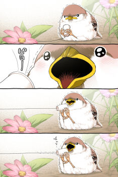 animal_focus bird commentary_request flower light_blush no_humans open_mouth original pink_flower plant sparrow string_phone ugebeso
