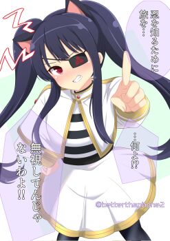 1girl animal_ears betterthanbone2 black_hair black_thighhighs blush cat_ears clenched_teeth commentary_request cosplay cowboy_shot dress dutch_angle eyepatch frieren frieren_(cosplay) hand_on_own_hip highres long_hair mirai_(senran_kagura) red_eyes senran_kagura solo speech_bubble teeth thighhighs twintails twitter_username