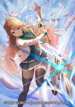 1girl ahoge axe black_dress black_garter_straps black_thighhighs blonde_hair blue_eyes closed_mouth commentary_request dress garter_straps holding holding_axe long_hair looking_at_viewer nijisanji official_art smile solo takanori_yamada thighhighs todo_kohaku todo_kohaku_(1st_costume) very_long_hair virtual_youtuber wixoss zettai_ryouiki