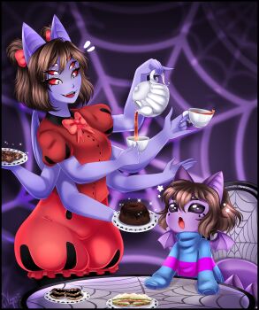 1girl 1other absurdres animal_ears arthropod_girl bat_ears blue_sweater bow brown_hair bug cake chat_(dante_will) colored_sclera colored_skin cookie cosplay cup dante_will extra_arms extra_eyes fangs food frisk_(undertale) frisk_(undertale)_(cosplay) hair_bow highres holding holding_teapot insect_girl monster_girl muffet muffet_(cosplay) neobaka open_mouth portuguese_commentary purple_eyes purple_skin raposavioleta red_sclera sandwich short_hair short_sleeves silk sleeves_past_fingers sleeves_past_wrists smile spider spider_girl spider_web striped_clothes sweater tea teacup teapot twintails two-tone_sweater undertale utdr_(toby_fox)