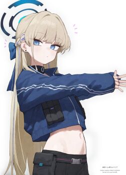 Rule 34 | 1girl, absurdres, ai-assisted, amenatsu, artist name, belt, black belt, black choker, blonde hair, blue archive, blue eyes, blue jacket, blue ribbon, choker, english text, halo, highres, holster, jacket, long hair, looking at viewer, navel, ribbon, simple background, solo, toki (blue archive), white background