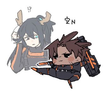 2boys :3 animal_ears antlers black_bodysuit black_boots black_eyes black_hair bodysuit boots closed_mouth combat_knife commentary_request half_updo heathcliff_(project_moon) highres holding holding_knife hong_lu_(project_moon) horns knife limbus_company long_hair meme multiple_boys nantekottawo!! nintendo parted_bangs project_moon r_corp._(identity)_(project_moon) rabbit_ears reindeer_antlers smash_64_pikachu_kick_(meme) smile super_smash_bros. weapon