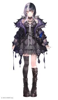 1girl 2016 asymmetrical_legwear black_boots black_dress black_hair boots breasts chain cleavage coat copyright_notice detached_sleeves dress earrings floating_earrings fur_trim highres holoadvent hololive hololive_english jacket jewelry kayahara looking_at_viewer medium_breasts multicolored_hair multiple_rings off_shoulder official_art parka platform_footwear ring shiori_novella shiori_novella_(1st_costume) solo striped_clothes striped_thighhighs thighhighs torn_clothes torn_coat torn_dress two-sided_coat two-sided_fabric two-tone_hair virtual_youtuber white_hair yellow_eyes