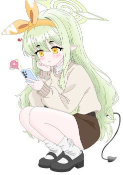 1girl black_shoes blue_archive blush bow_hairband brown_skirt brown_sweater cellphone choppies closed_mouth demon_tail full_body green_hair green_halo hairband halo highres hikari_(blue_archive) holding holding_phone long_hair long_sleeves orange_hairband phone pointy_ears shoes simple_background skirt smartphone smile socks solo sweater tail white_background white_socks yellow_eyes