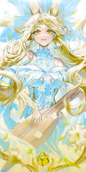 1girl absurdres animal_ears arknights armpit_crease artist_name bard bare_shoulders blonde_hair blurry blurry_foreground braid braided_bangs breasts cat_ears cat_girl chromatic_aberration cleavage_cutout clothing_cutout commentary cowboy_shot d20_(die) dice dress floating_hair flower flower_necklace highres holding_lute jewelry large_breasts long_hair necklace off-shoulder_dress off_shoulder parted_bangs polyhedral_dice quercus_(arknights) quercus_(the_bard's_tale)_(arknights) sakiyo solo white_dress white_flower yellow_eyes