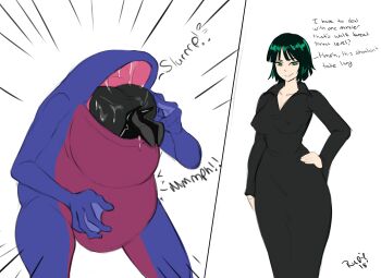 ass breasts collarbone cramped curvy eating english_text fubuki_(one-punch_man) green_eyes green_hair hunter_gamma inside_creature instant_loss large_breasts monster one-piece_dress one-punch_man peril predator_and_prey rupie saliva saliva_trail simple_background smug swallowing tight_clothes vore white_background wide_hips