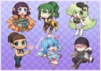 Rule 34 | 1boy, 5girls, 66 (roro), avanna, beanie, beret, black bow, black bowtie, black gloves, black hair, black hat, black pants, black trim, blue bow, blue bowtie, blue dress, blue eyes, blue hair, blue hairband, blue pants, blue sandals, book, boots, border, bow, bowtie, bracelet, breasts, brown hair, brown pants, cape, character request, chibi, chibi only, cleavage, closed mouth, coat, crop top, dot nose, dress, earrings, freckles, gloves, green boots, green dress, green eyes, green hair, green vest, hairband, hand fan, hat, headphones, heart, heart-shaped fan, holding, holding book, holding fan, hood, hood down, hoodie, jewelry, long hair, looking at viewer, macne nana, macne series, maika (vocaloid), medium breasts, medium hair, mob cap, multicolored shirt, multiple girls, necktie, ona (vocaloid), open clothes, open hoodie, open mouth, orange cape, outstretched hand, pants, pink hair, pink necktie, pink shoes, pointy ears, ponytail, portuguese commentary, purple background, red shoes, sandals, shg (hiomaika), shirt, shoes, short hair, side ponytail, sidelocks, signature, smile, sonika, star (symbol), star earrings, teeth, tongue, upper teeth only, vest, vocaloid, vy2, white boots, white border, white dress, white hoodie, yellow boots, yellow coat, yellow eyes, yellow shirt