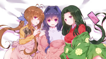 Rule 34 | 3girls, \||/, air (visual novel), antenna hair, apron, blue bow, blue hair, bow, braid, braided ponytail, breasts, brown hair, cardigan, chinese commentary, clannad, commentary request, company connection, crossover, forehead, from above, furukawa sanae, green hair, green kimono, hair between eyes, hair bow, hair intakes, hair over shoulder, hair spread out, hand up, heart, heart-shaped pupils, highres, hypnosis, hypnosis app, interlocked fingers, japanese clothes, kanon, key (company), kimono, large breasts, lliissaawwuu2, long hair, long sleeves, looking at viewer, low ponytail, lying, mature female, minase akiko, mind control, multiple girls, on back, own hands together, parted bangs, pink apron, pink cardigan, pink eyes, ponytail, red kimono, shirt, side-by-side, sidelocks, strap slip, symbol-shaped pupils, trait connection, turtleneck, turtleneck shirt, upper body, uraha (air), very long hair, white shirt, wide sleeves
