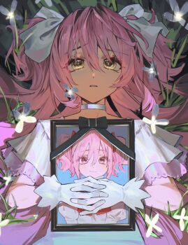 Rule 34 | 1girl, absurdres, bow, bug, butterfly, choker, dress, gloves, grass, hair bow, highres, iei, insect, kaname madoka, long hair, mahou shoujo madoka magica, mitakihara school uniform, multiple hair bows, parted lips, pink eyes, rainyy, school uniform, two side up, ultimate madoka, white bow, white choker, white dress, white gloves, yellow eyes